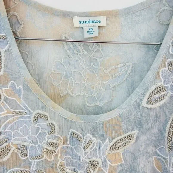 Sundance Blue Floral Embroidered Beaded Silk Dress Sz XS Romantic Wedding Guest - Picture 4 of 12